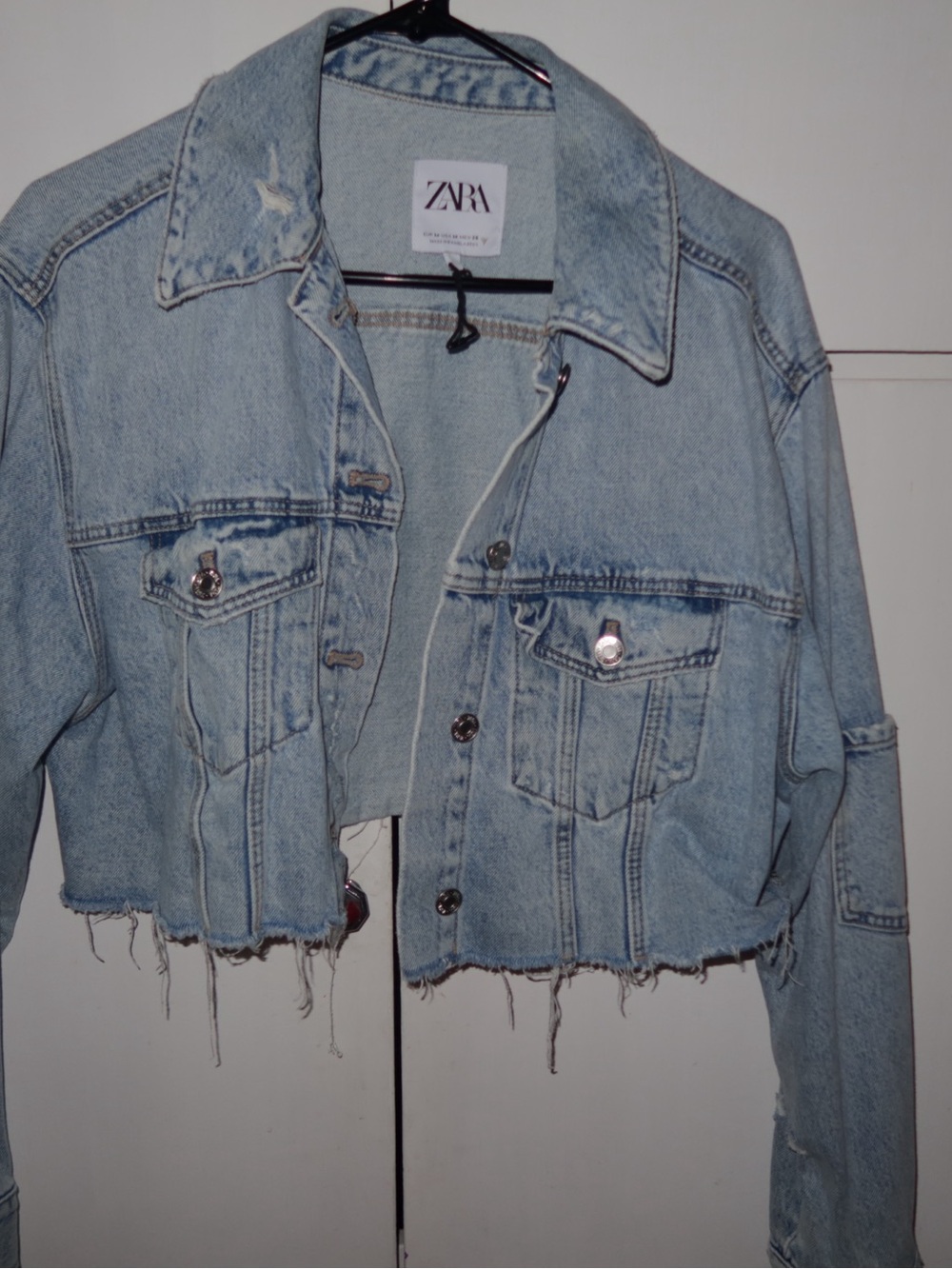 ZARA Light Blue Cropped Distressed Denim Jacket